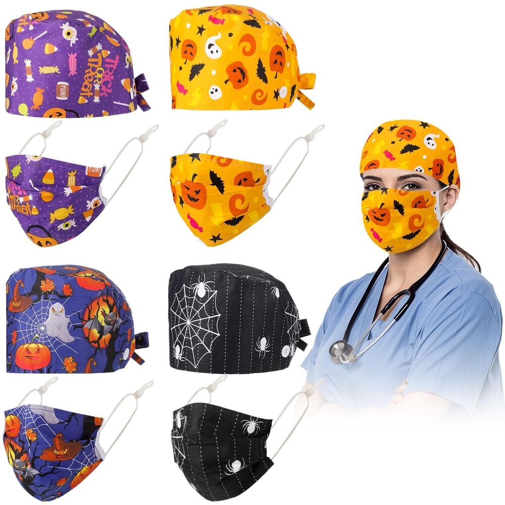 2524 8 Pcs Halloween Scrub Caps and Halloween Face Mask Halloween Doctor